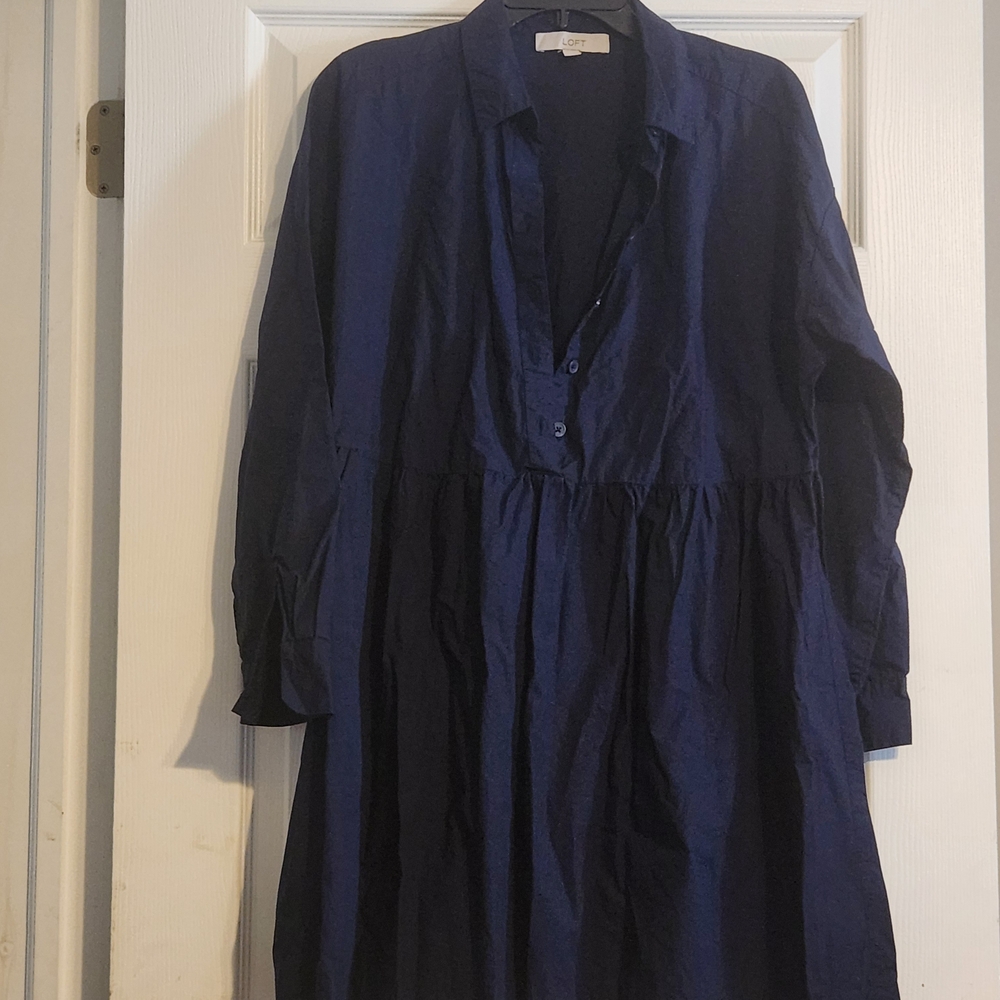 LOFT Blue Long Sleeve Polo Collar Babydoll Dress